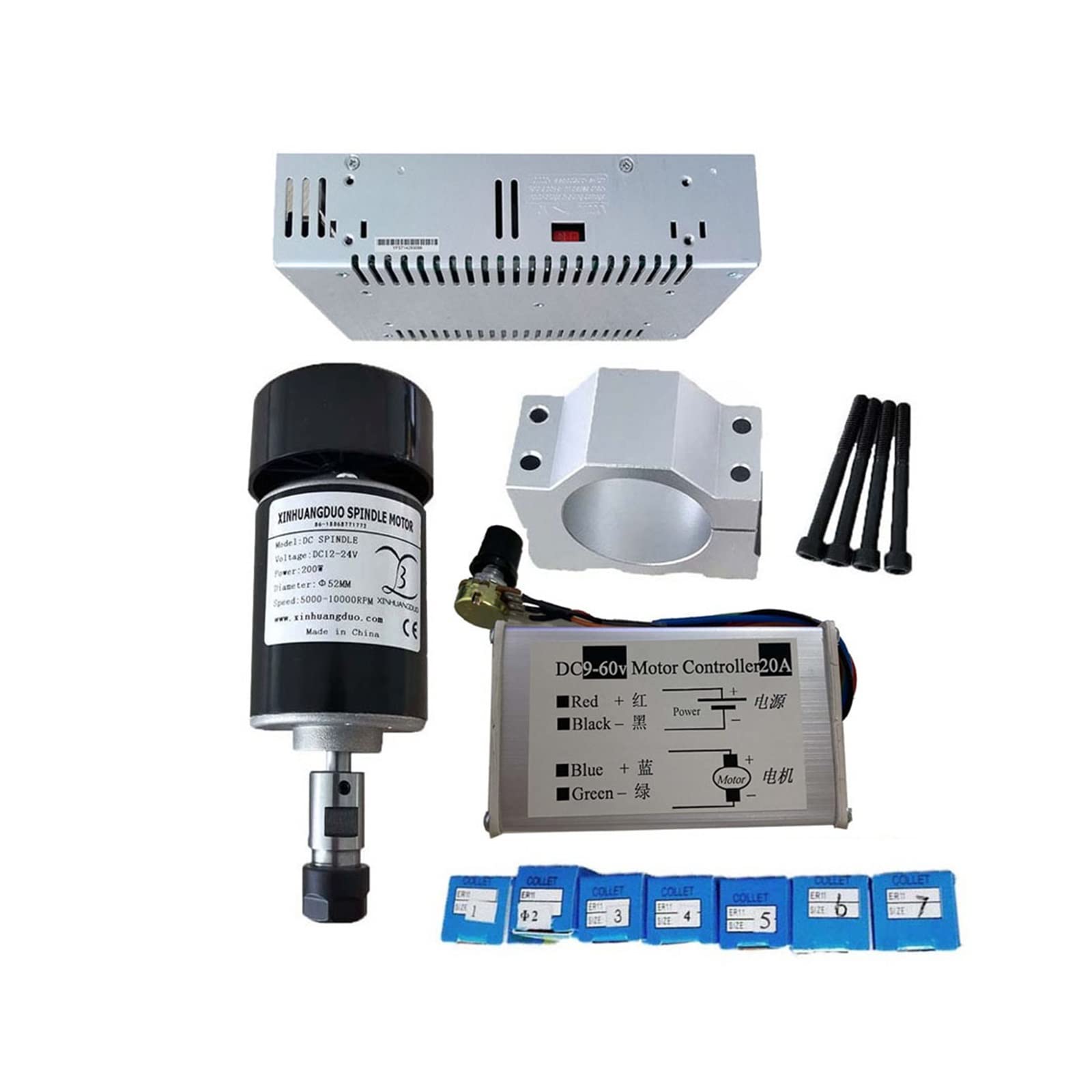 Spindelmotor, 0,2 kW luftgekühlte Spindel ER11 Spannfutter CNC 200 W Spindelmotor + 52 mm Klemmen + Netzteil + Drehzahlregler for DIY CNC 24 V 10000 U/min(Package 6) von DIGNIFE