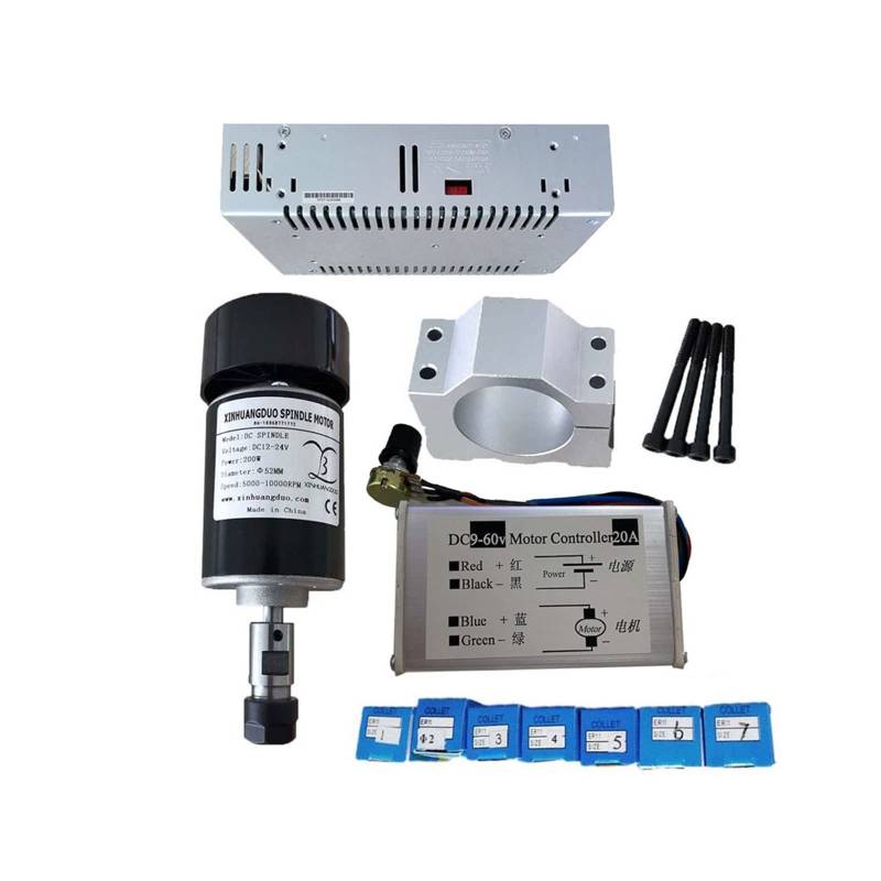Spindelmotor, 0,2 kW luftgekühlte Spindel ER11 Spannfutter CNC 200 W Spindelmotor + 52 mm Klemmen + Netzteil + Drehzahlregler for DIY CNC 24 V 10000 U/min(Package 6) von DIGNIFE