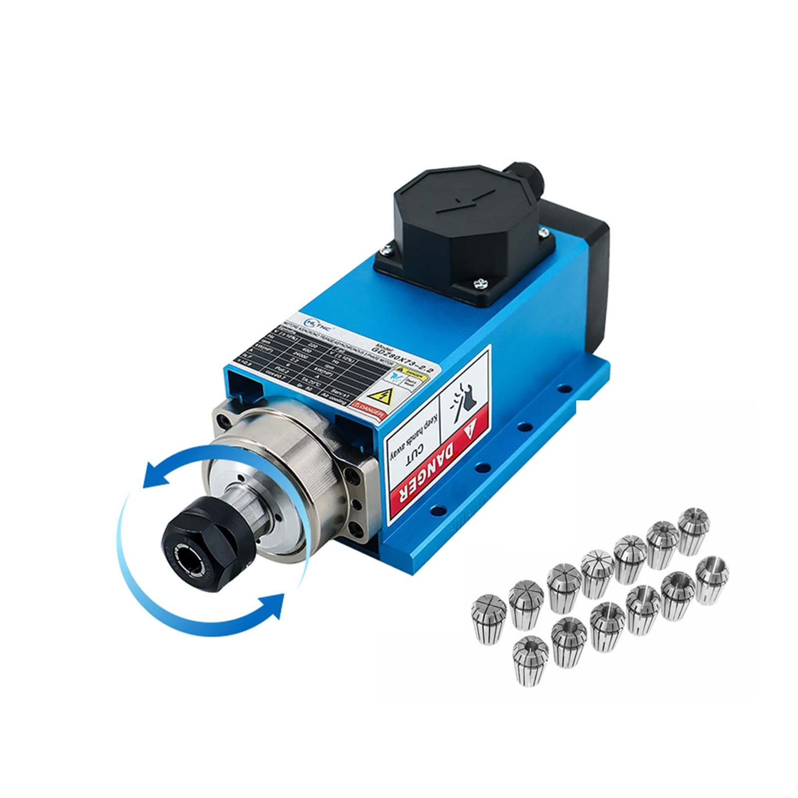 Spindelmotor, 1,5 kW / 2,2 kW 24000 U/min 400 Hz 3-Phasen-Eingangsluftgekühlter Spindelmotor + 1 Satz ER11- oder ER20-Spannzange for CNC-Maschine(Junction Box blue,2.2kw 220) von DIGNIFE