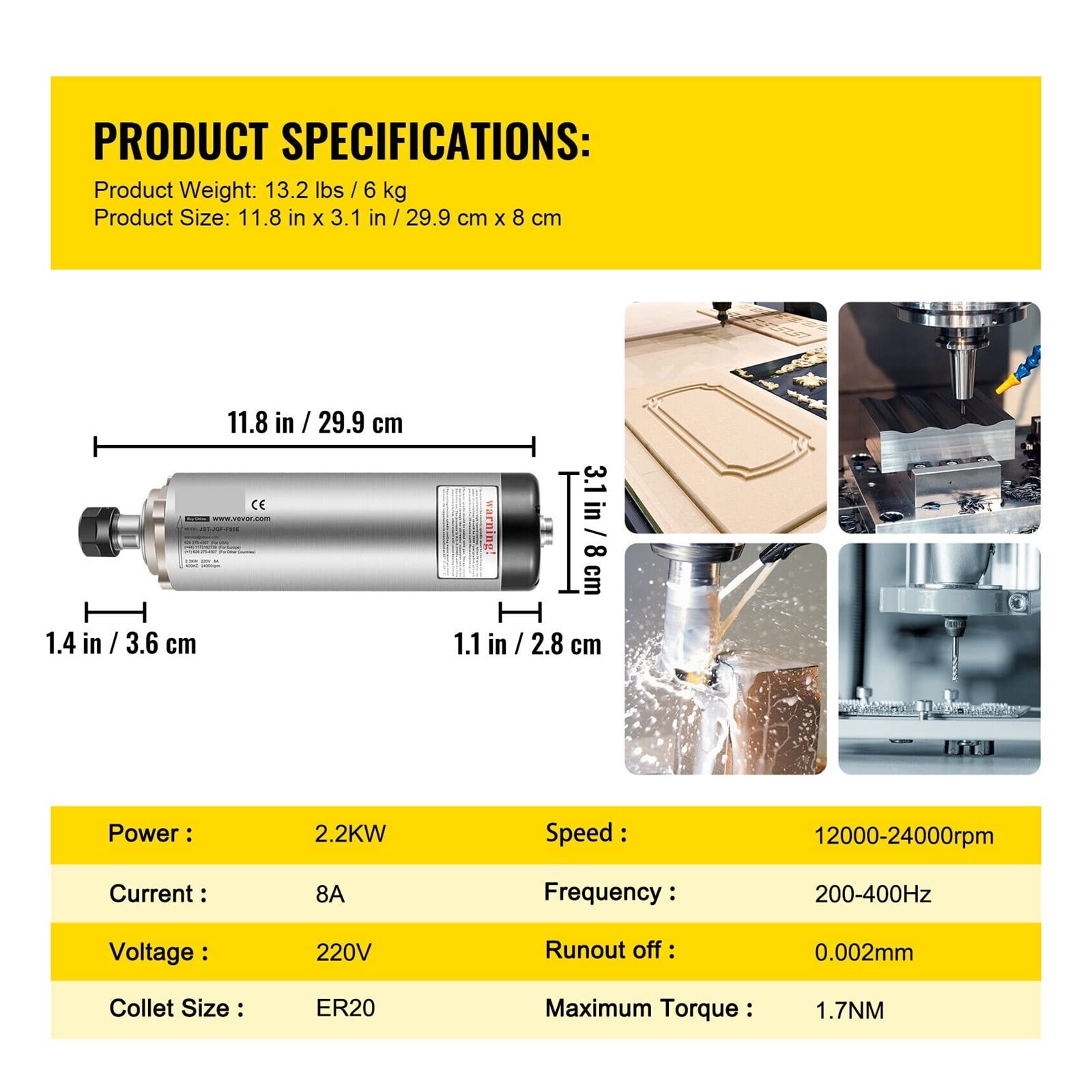 Spindelmotor, 1,5 kW 2,2 kW luftgekühlter Spindelmotor mit vier Lagern ER11 ER20 Spannzange for CNC-Fräsergravierer-Frequenzumrichter(2.2KW) von DIGNIFE