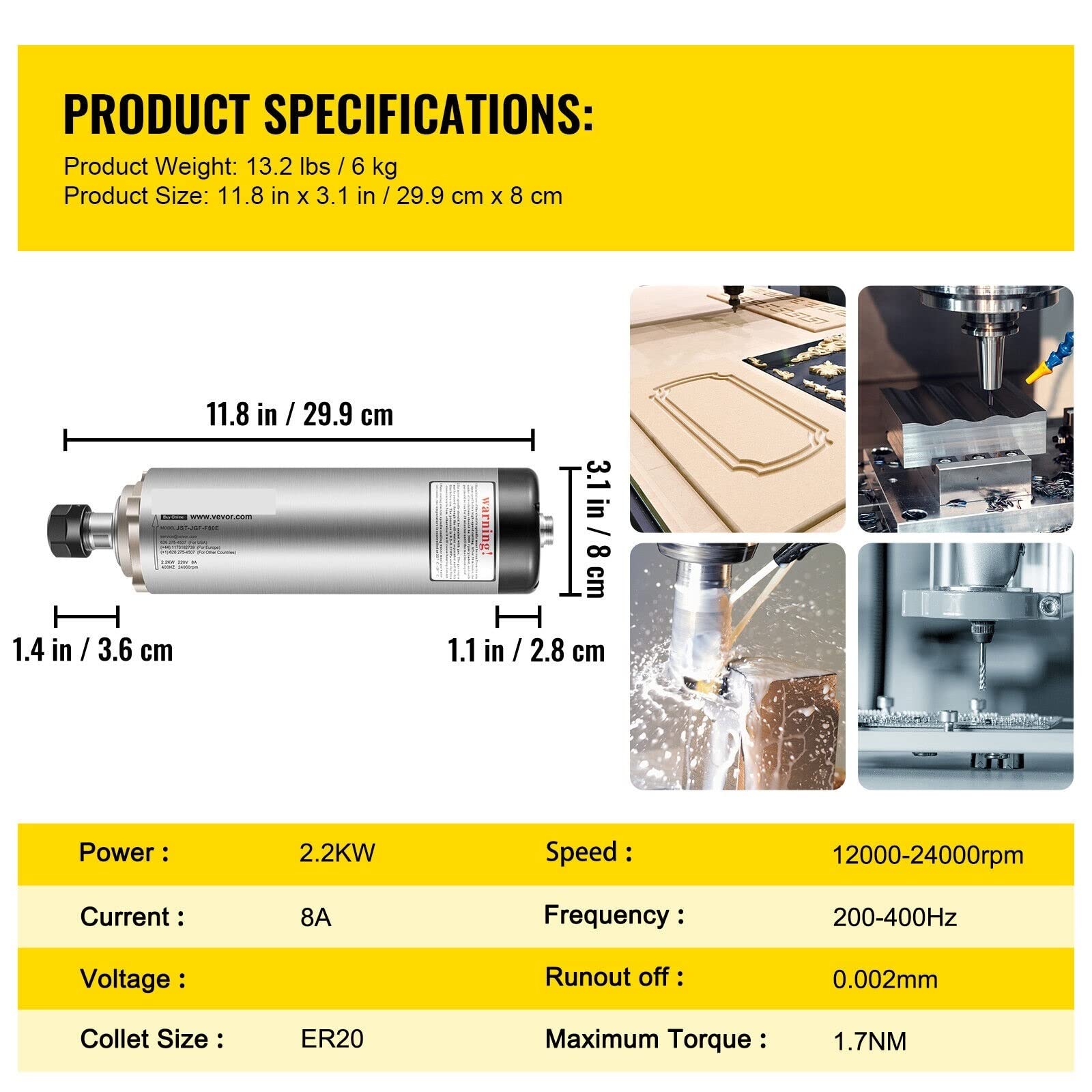Spindelmotor, 1,5 kW 2,2 kW luftgekühlter Spindelmotor mit vier Lagern ER11 ER20 Spannzange for CNC-Fräsergravierer-Frequenzumrichter(2.2KW) von DIGNIFE