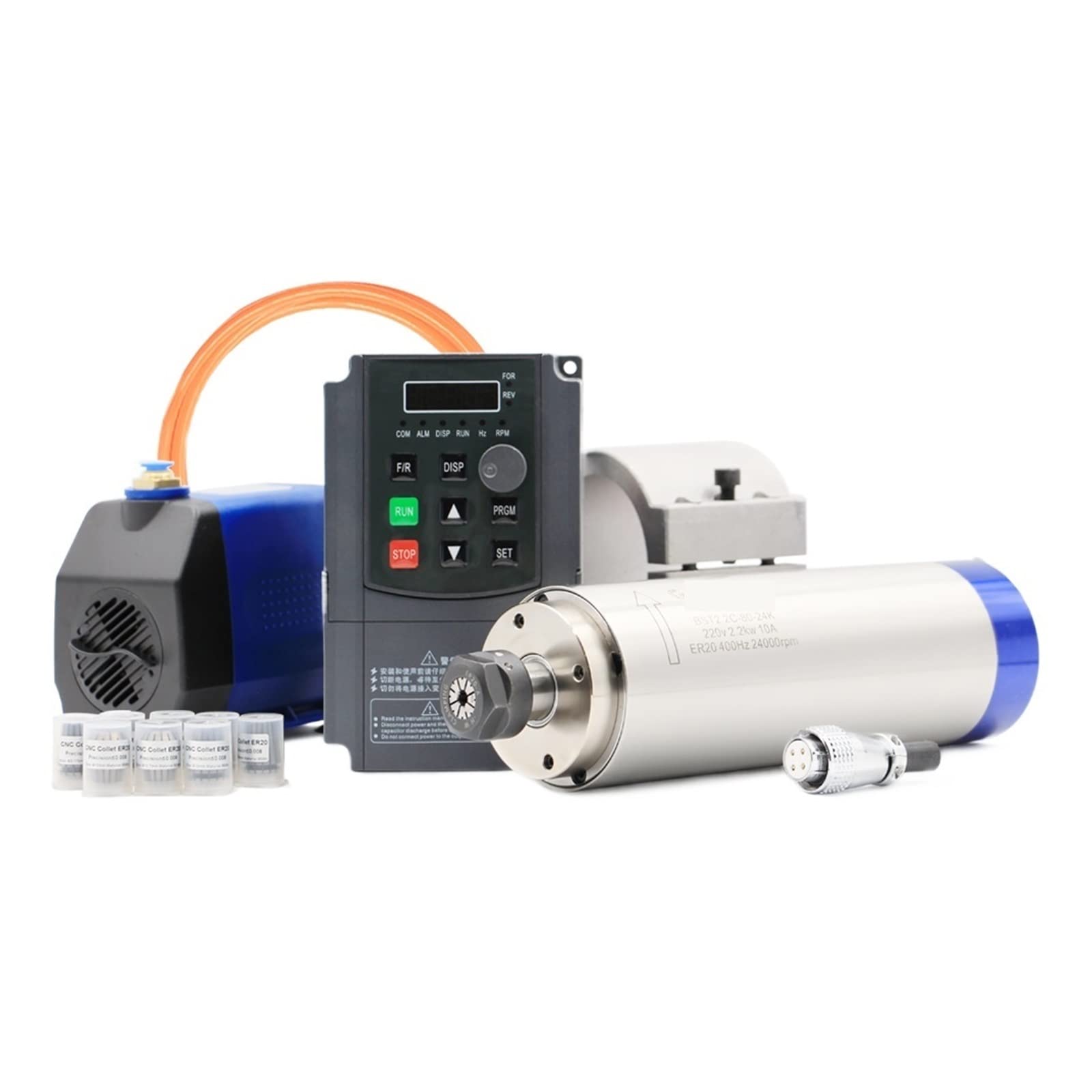 Spindelmotor, 2.2kw ER20 Wassergekühlter Spindelsatz Wasserkühlungsspindel 2.2kw Inverter 80mm Spindelhalterung 75w Wasserpumpe(Steel Ball Bearing) von DIGNIFE
