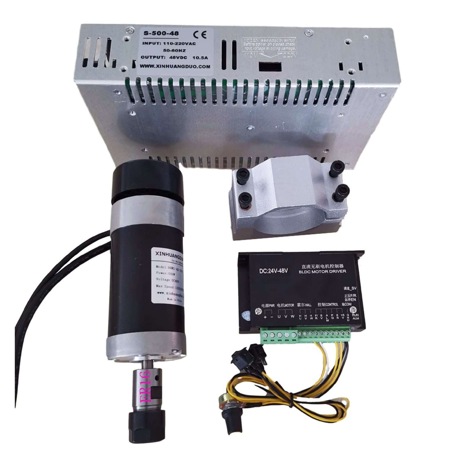 Spindelmotor, 48 V 500 W ER16 Bürstenlose Spindel + 57 Mm Klemme Mit Schrauben + 48 V Bürstenloser Motortreiber + 48 VDC 10,5 A Netzteil(Package7 ER16) von DIGNIFE
