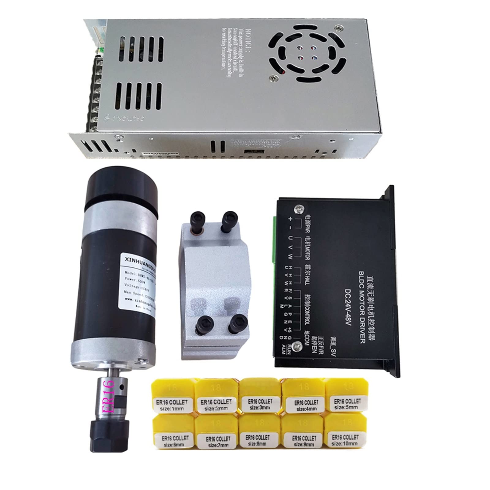 Spindelmotor, 48 V 500 W ER16 bürstenlose Spindel + 57 mm Klemme mit Schrauben + 48 V bürstenloser Motortreiber + 48 VDC 10,5 A Netzteil(Package8 ER16) von DIGNIFE