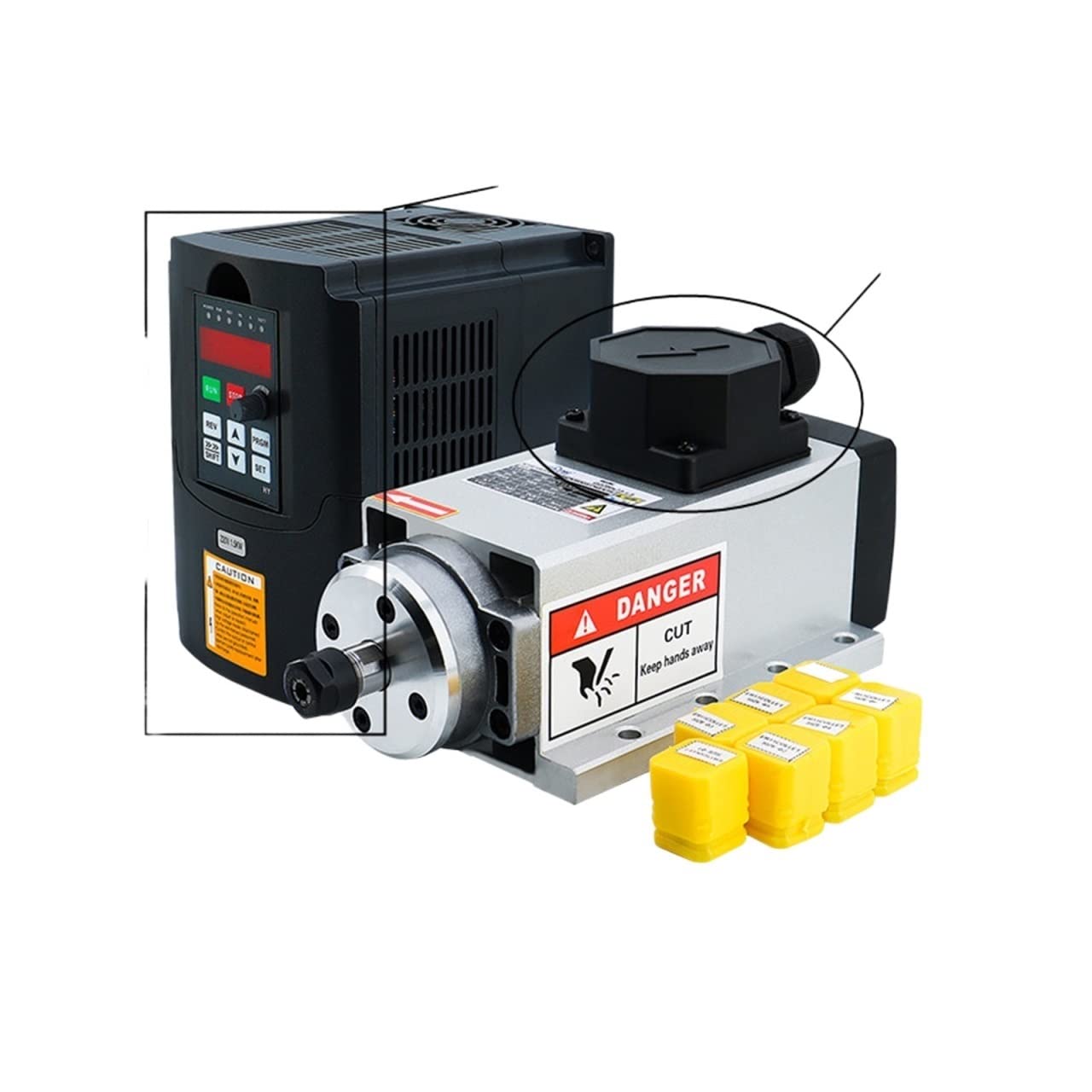 Spindelmotor, CNC 1,5 kW 380 V luftgekühlter Spindelsatz 1500 W quadratischer luftgekühlter Spindelmotor + 1,5 kW Wechselrichter + 7 Teile/Satz ER11(Terminal box HY kit) von DIGNIFE