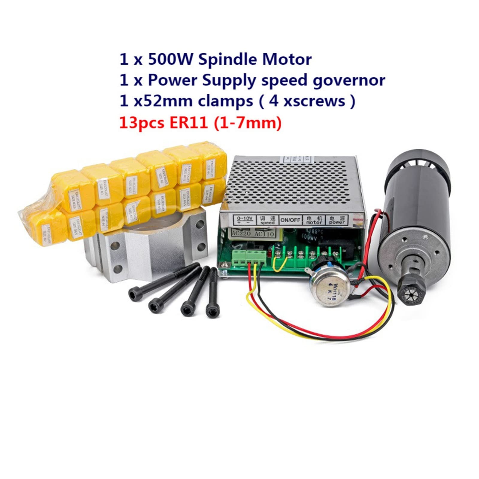 Spindelmotor, CNC-Spindelmotor 0,5 kW luftgekühlte Spindel ER11 Spannfutter 500 W + 52 mm Klemme + Netzteil Drehzahlregler for PCB-Gravur(5tons 2.5tons) von DIGNIFE
