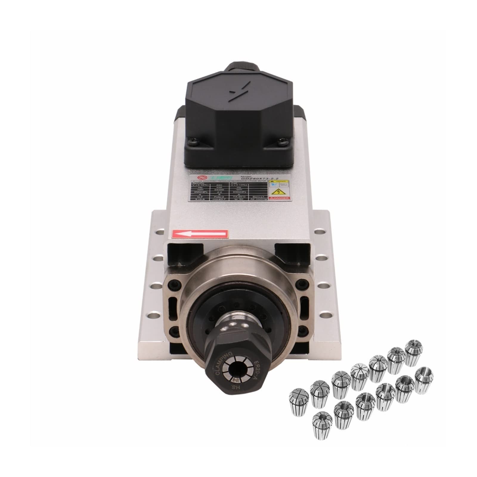 Spindelmotor, CNC-Werkzeugmaschinenspindel 2200 W 2,2 kW 24000 U/min 400 Hz ER20-Luftkühlungs-Spindelmotor 3-Phasen-Eingang + 13 Stück ER20-Spannzangen (1-13 mm)(Junction Box,380) von DIGNIFE
