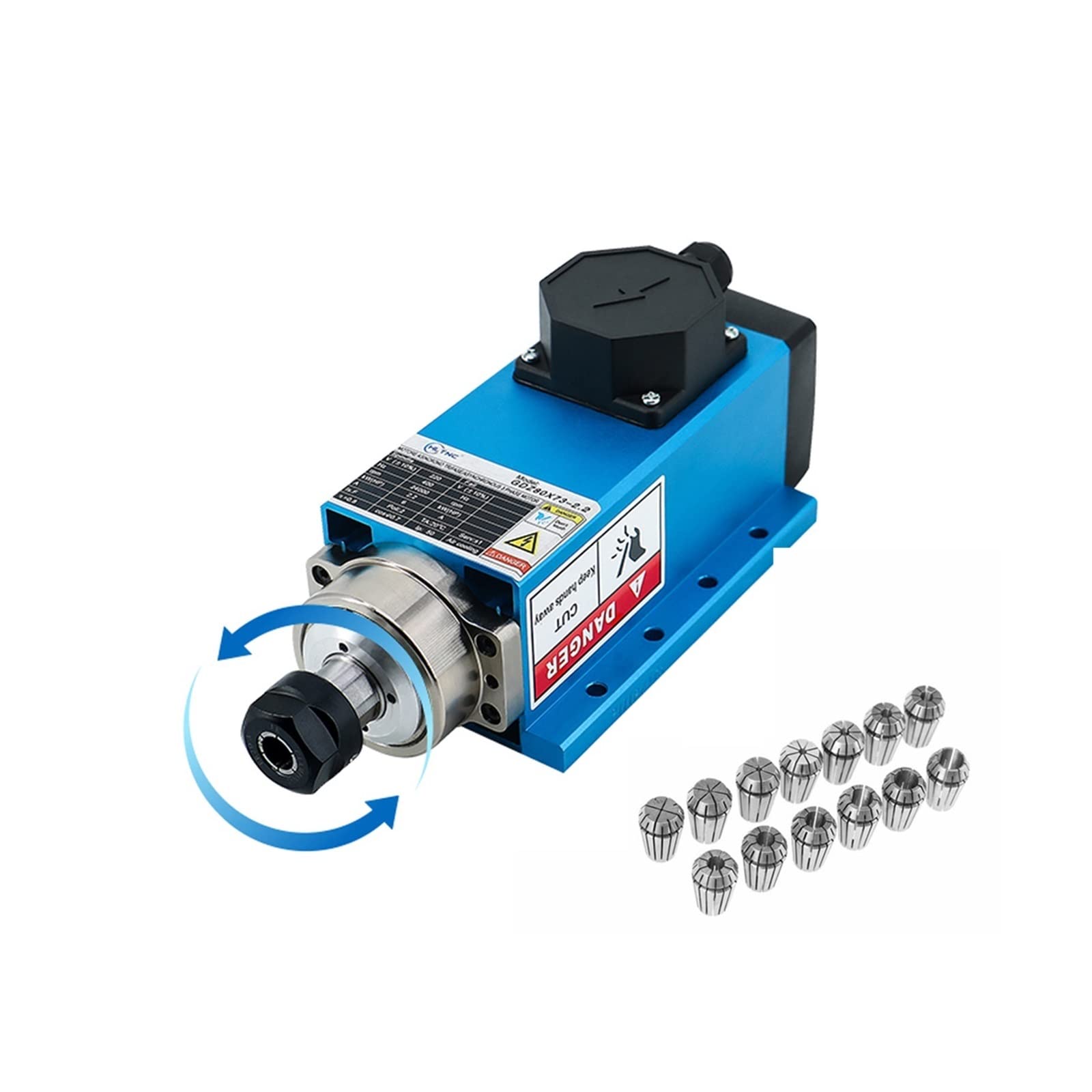 Spindelmotor, CNC-Werkzeugmaschinenspindel 2200 W 2,2 kW 24000 U/min 400 Hz ER20-Luftkühlungs-Spindelmotor 3-Phasen-Eingang + 13 Stück ER20-Spannzangen (1-13 mm)(Junction Box blue,380) von DIGNIFE