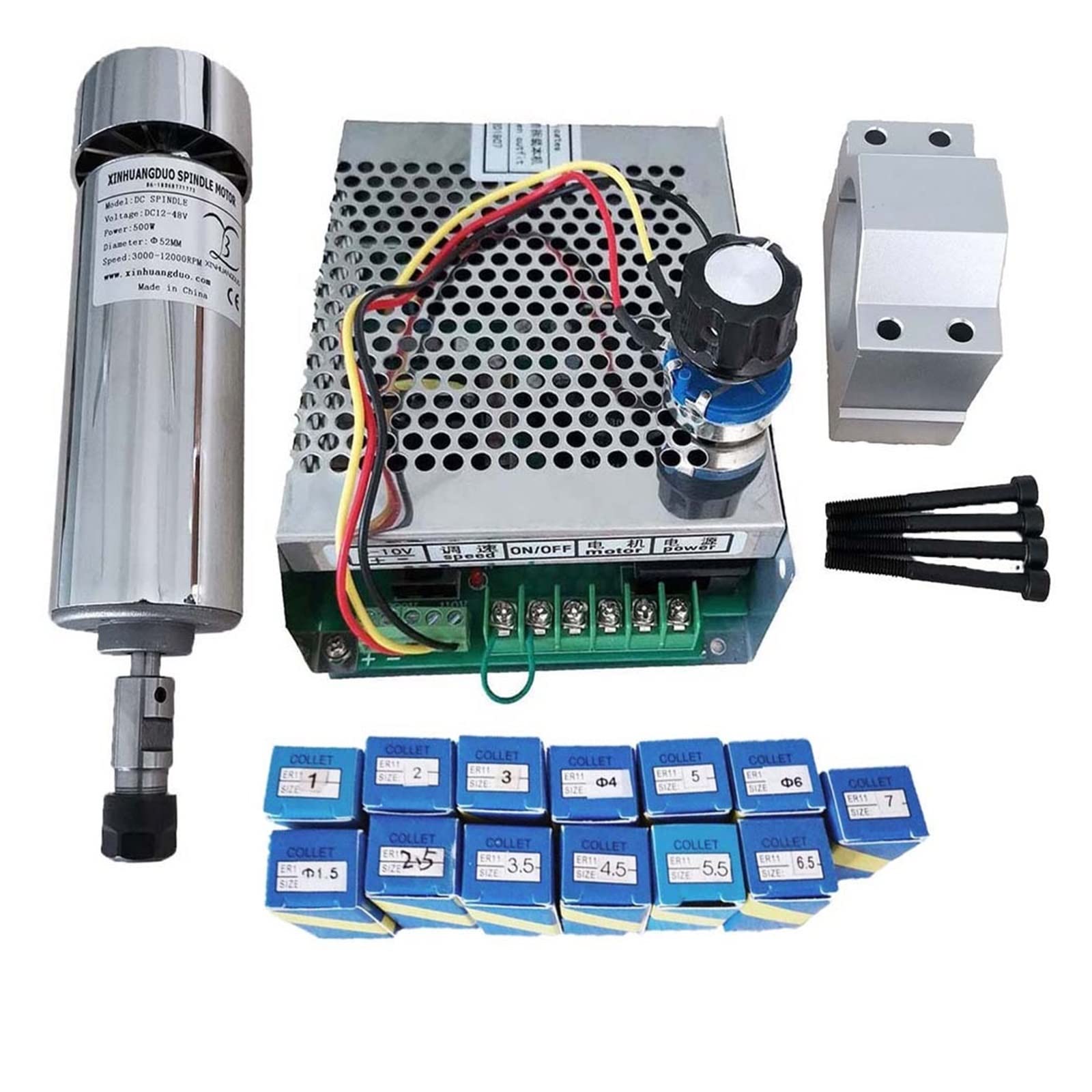 Spindelmotor, Luftgekühlter 0,5-kW-CNC-Spindelmotor-Kit ER11-Spannfutter, 500-W-Spindelmotor + Netzteil-Drehzahlregler for Gravieren(Package 6) von DIGNIFE