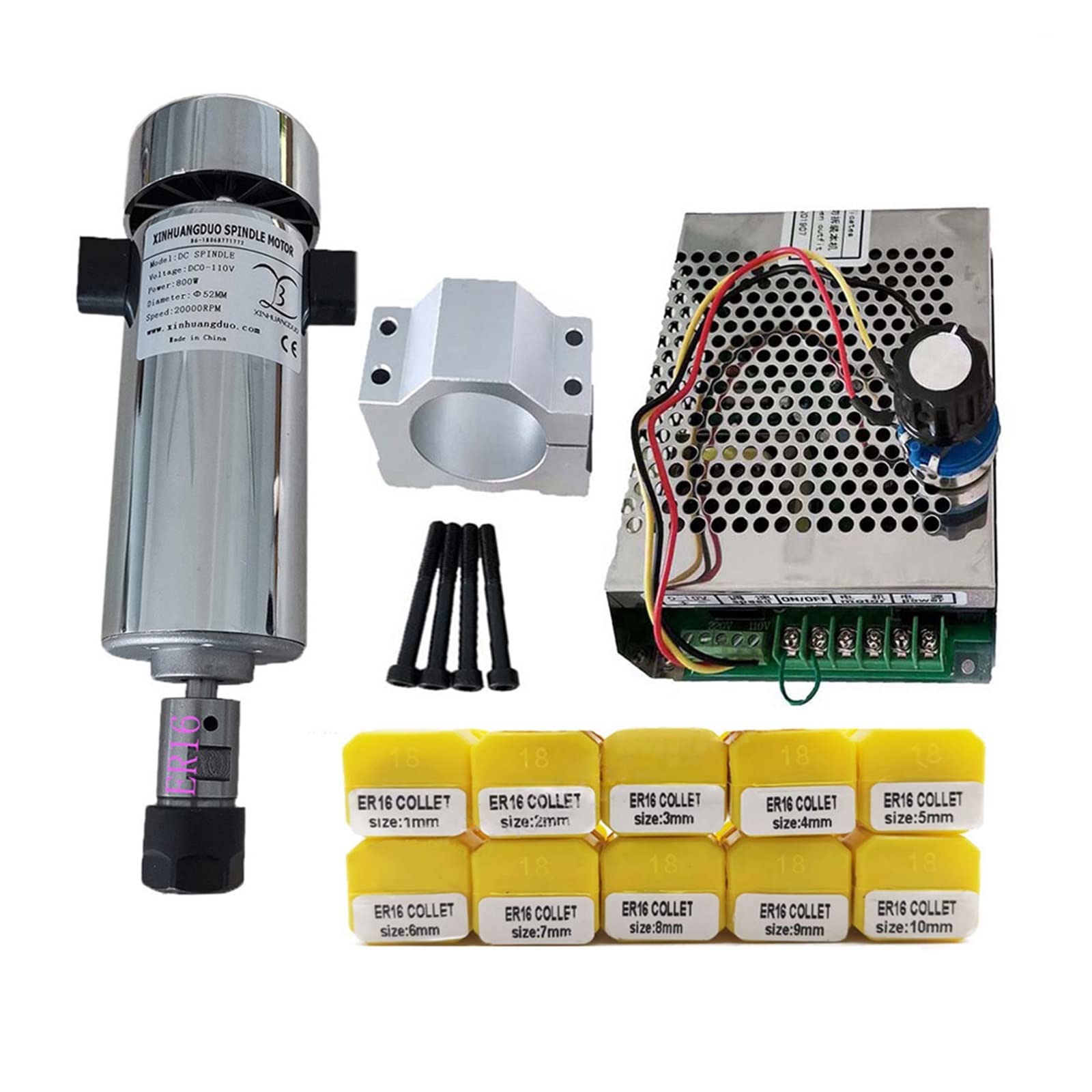 Spindelmotor, Luftgekühlter 0,8-kW-DC110V-20000-RPM-CNC-Spindelmotor-Kit ER16 / Spannfutter 800-W-Spindelmotor + Netzteil-Drehzahlregler for Gravieren(Package 6 ER16) von DIGNIFE
