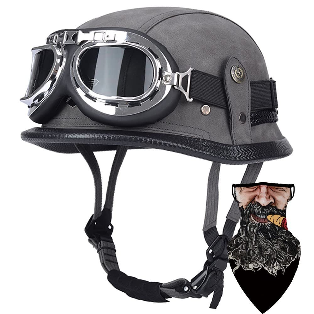 DIRERTYS Deutsche Leder Motorrad Halbhelme Retro Halbschalenhelm JetHelm mit Visier Schnellverschluss Schnalle für Cruiser Chopper Biker Moped DOT/ECE-Zulassung, L57~60CM von DIRERTYS