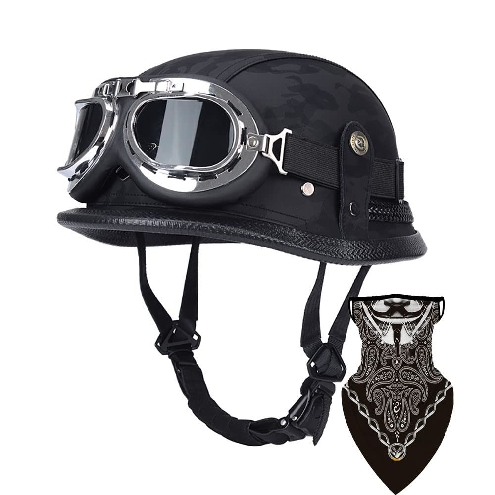 DIRERTYS Deutsche Leder Motorrad Halbhelme Retro Halbschalenhelm JetHelm mit Visier Schnellverschluss Schnalle für Cruiser Chopper Biker Moped DOT/ECE-Zulassung, L57~60CM von DIRERTYS