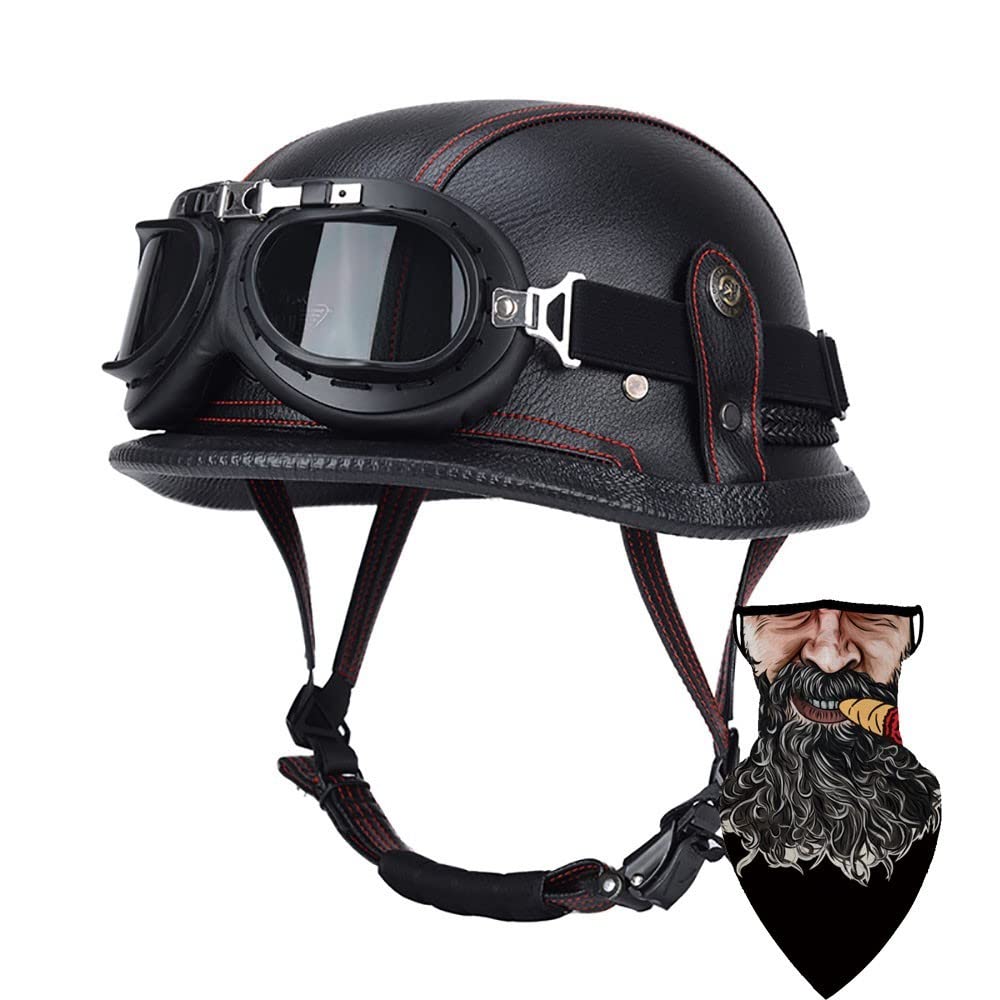 DIRERTYS Deutsche Leder Motorrad Halbhelme Retro Halbschalenhelm JetHelm mit Visier Schnellverschluss Schnalle für Cruiser Chopper Biker Moped DOT/ECE-Zulassung, M55~56CM von DIRERTYS