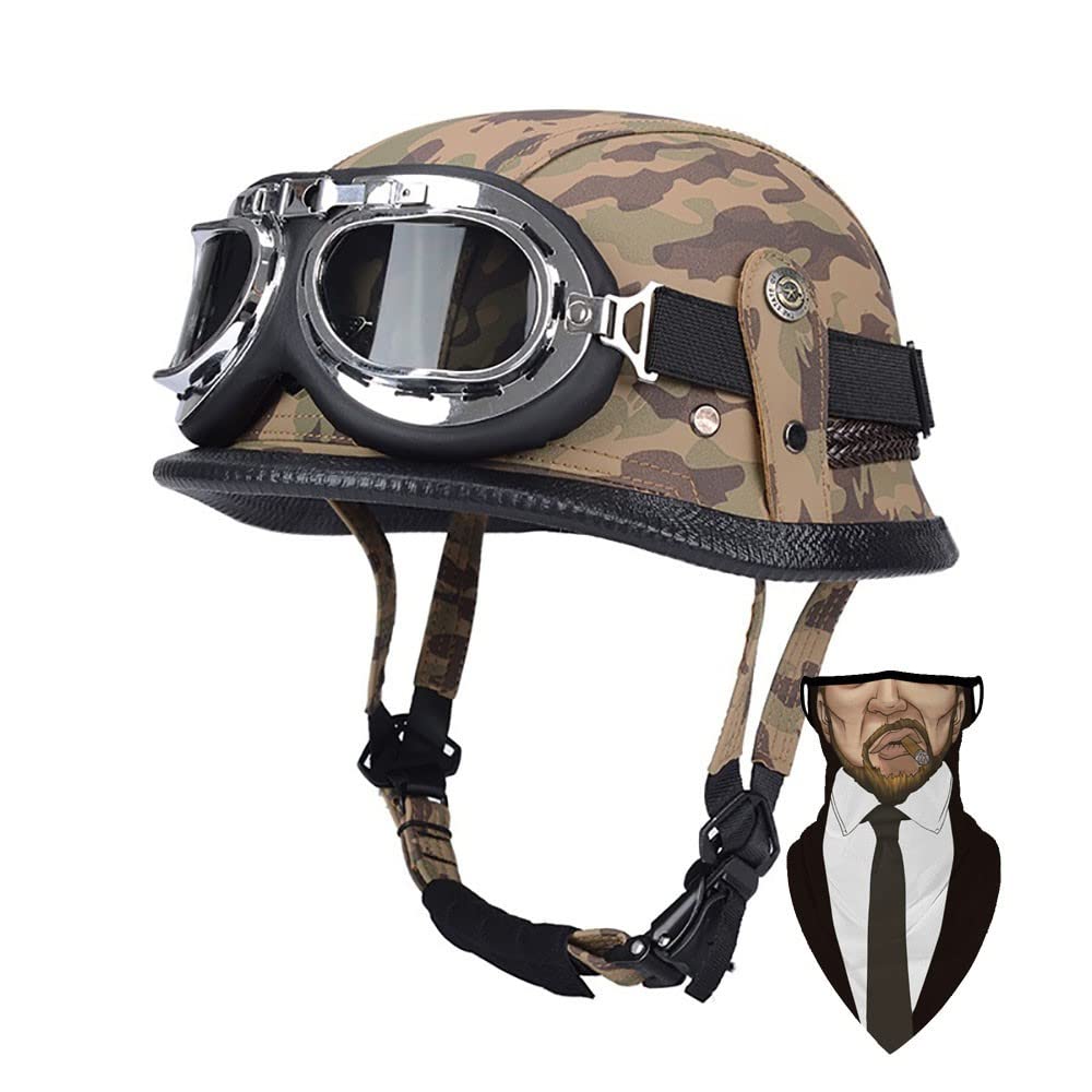 DIRERTYS Deutsche Leder Motorrad Halbhelme Retro Halbschalenhelm JetHelm mit Visier Schnellverschluss Schnalle für Cruiser Chopper Biker Moped DOT/ECE-Zulassung, M55~56CM von DIRERTYS