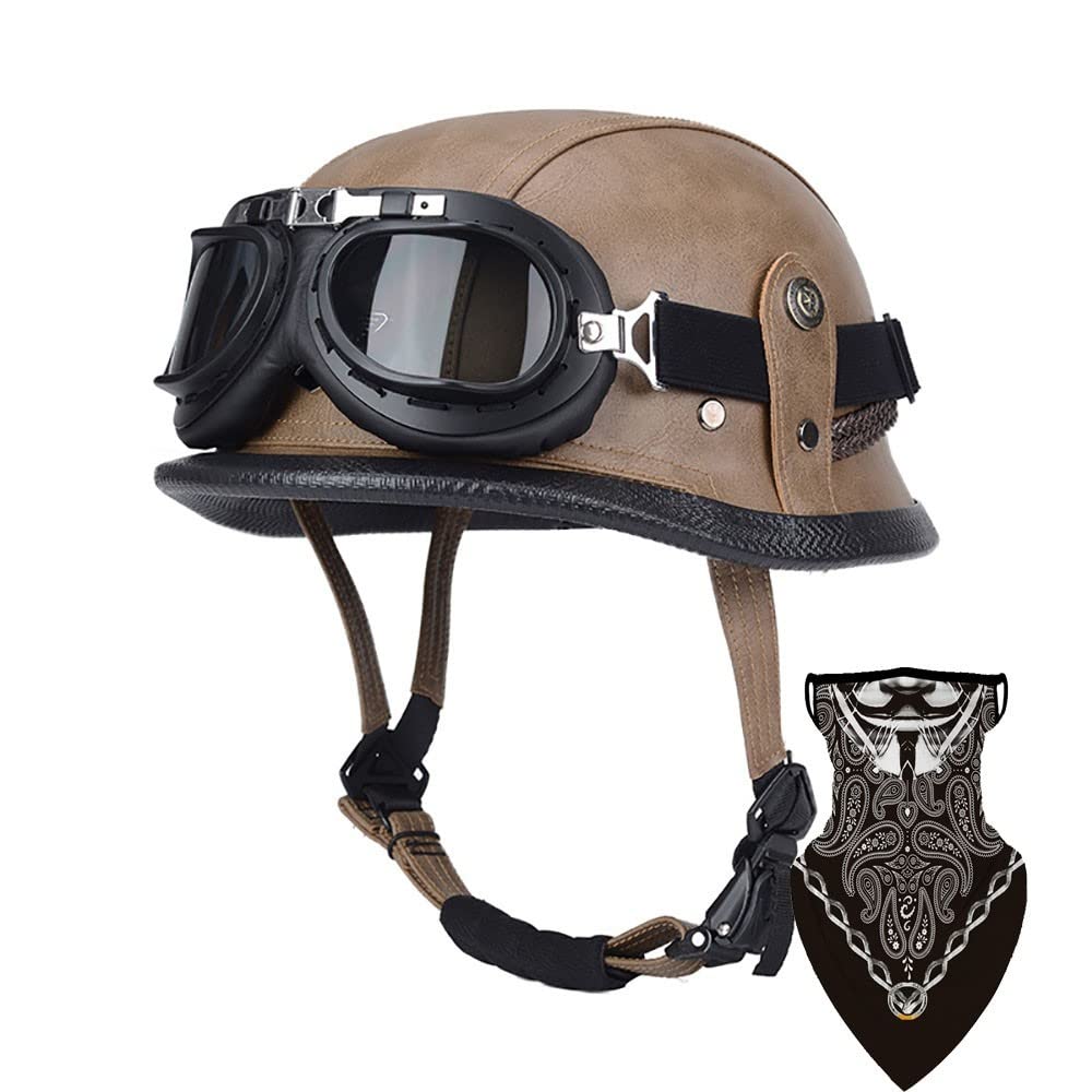 DIRERTYS Deutsche Leder Motorrad Halbhelme Retro Halbschalenhelm JetHelm mit Visier Schnellverschluss Schnalle für Cruiser Chopper Biker Moped DOT/ECE-Zulassung, M55~56CM von DIRERTYS