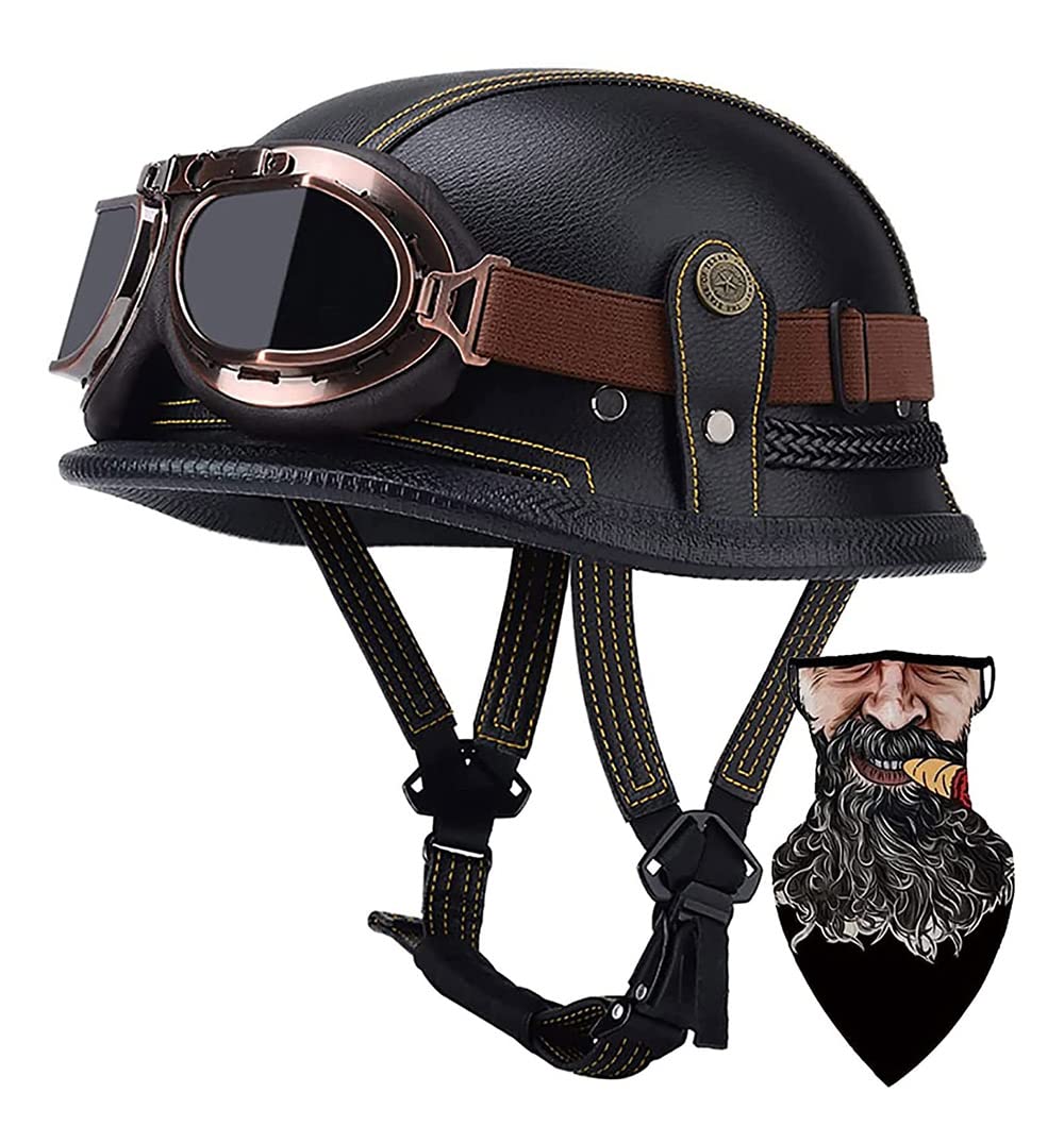 DIRERTYS Deutsche Leder Motorrad Halbhelme Retro Halbschalenhelm JetHelm mit Visier Schnellverschluss Schnalle für Cruiser Chopper Biker Moped DOT/ECE-Zulassung, XXXL63~65CM von DIRERTYS