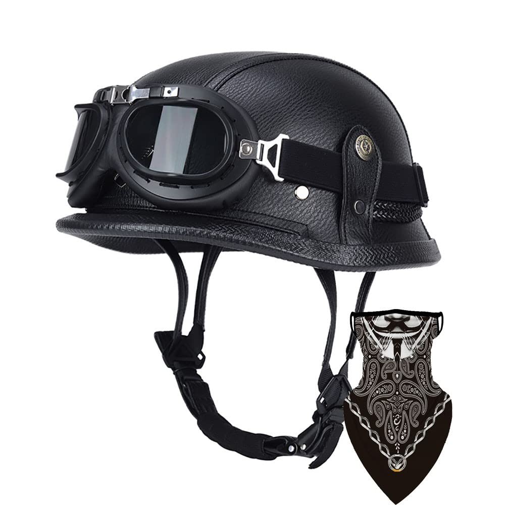 DIRERTYS Leder Motorrad Halbhelme Retro Halbschalenhelm JetHelm mit Visier Schnellverschluss Schnalle für Cruiser Chopper Biker Moped DOT/ECE-Zulassung von DIRERTYS