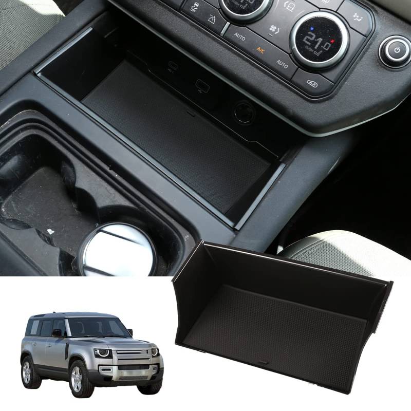 DIYUCAR ABS Innenliegende Mittelkonsole Box Aufbewahrungsbox Tablett Organizer für LR Defender 90 110 2020 2021 schwarzes Autozubehör (schwarz (Mittelkonsole)) von DIYUCAR