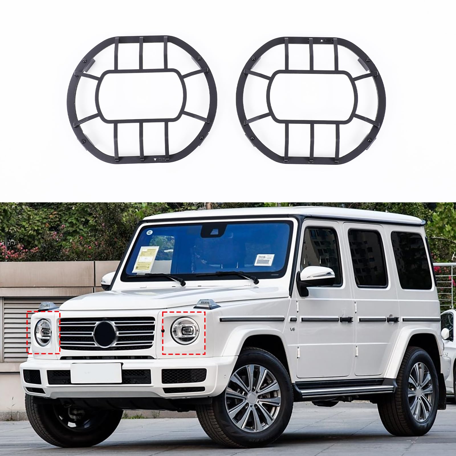 DIYUCAR Carbon Steel Car Front Scheinwerfer Lampe Guard Cover Trim Kompatibel mit Benz G Klasse W464 2019-2025 Auto Externes Zubehör (Stil A, Schwarz) von DIYUCAR