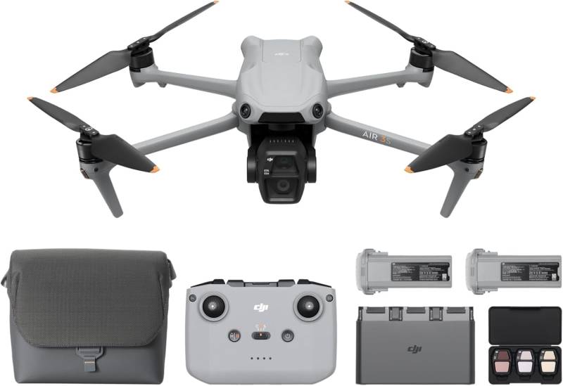 DJI Air 3S Fly More Combo (RC-N3), Drohne mit 1“ CMOS Weitwinkel- & mittlerer Telekamera, 4K/60fps HDR Video, omnidirektionale Hinderniserkennung bei Nacht und 3 Akkus für längere Flugzeit von DJI