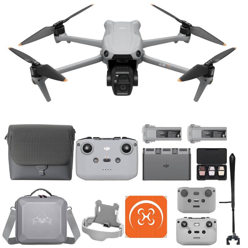 DJI Air 3S Fly More Combo (RC-N3) mit Vielseitiges Zubehör, Drohne mit 1“ CMOS Weitwinkel- & mittlerer Telekamera, 4K/60fps HDR Video, omnidirektionale Hinderniserkennung bei Nacht und 3 Akkus von DJI