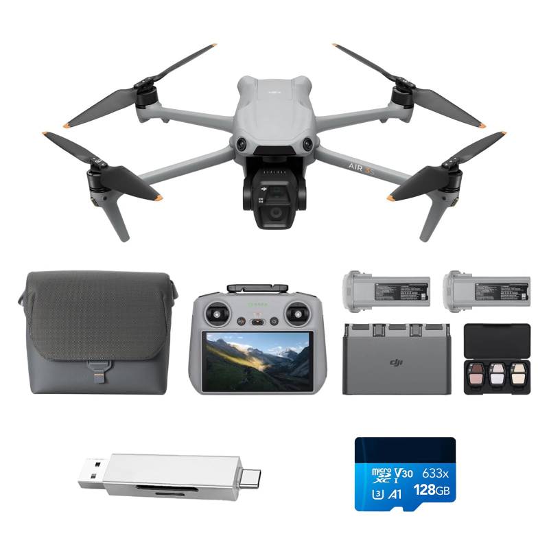 DJI Air 3S Fly More Combo Bundle (RC 2 Fernsteuerung mit Bildschirm), Drohne mit 1" CMOS Weitwinkel- & mittlerer Telekamera für Erwachsene, 4K/60fps, omnidirektionale Erkennung & 3 Akkus von DJI