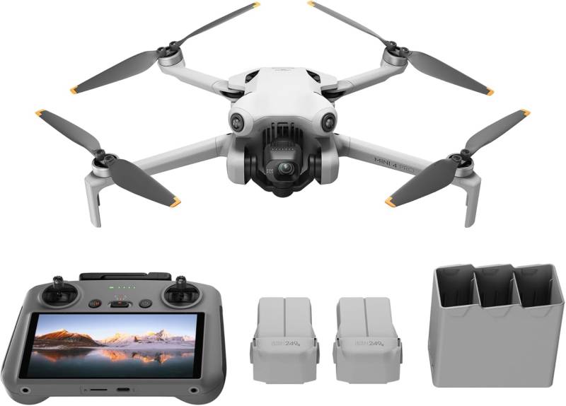 DJI Mini 4 Pro Fly More Combo mit RC 2 Fernsteuerung (Bildschirm Fernsteuerung), faltbare Mini-Drohne mit 4K-Kamera, unter 249g, 2 zusätzliche Akkus, Insgesamt 102 Minuten Flugzeit, Klasse-C0 von DJI