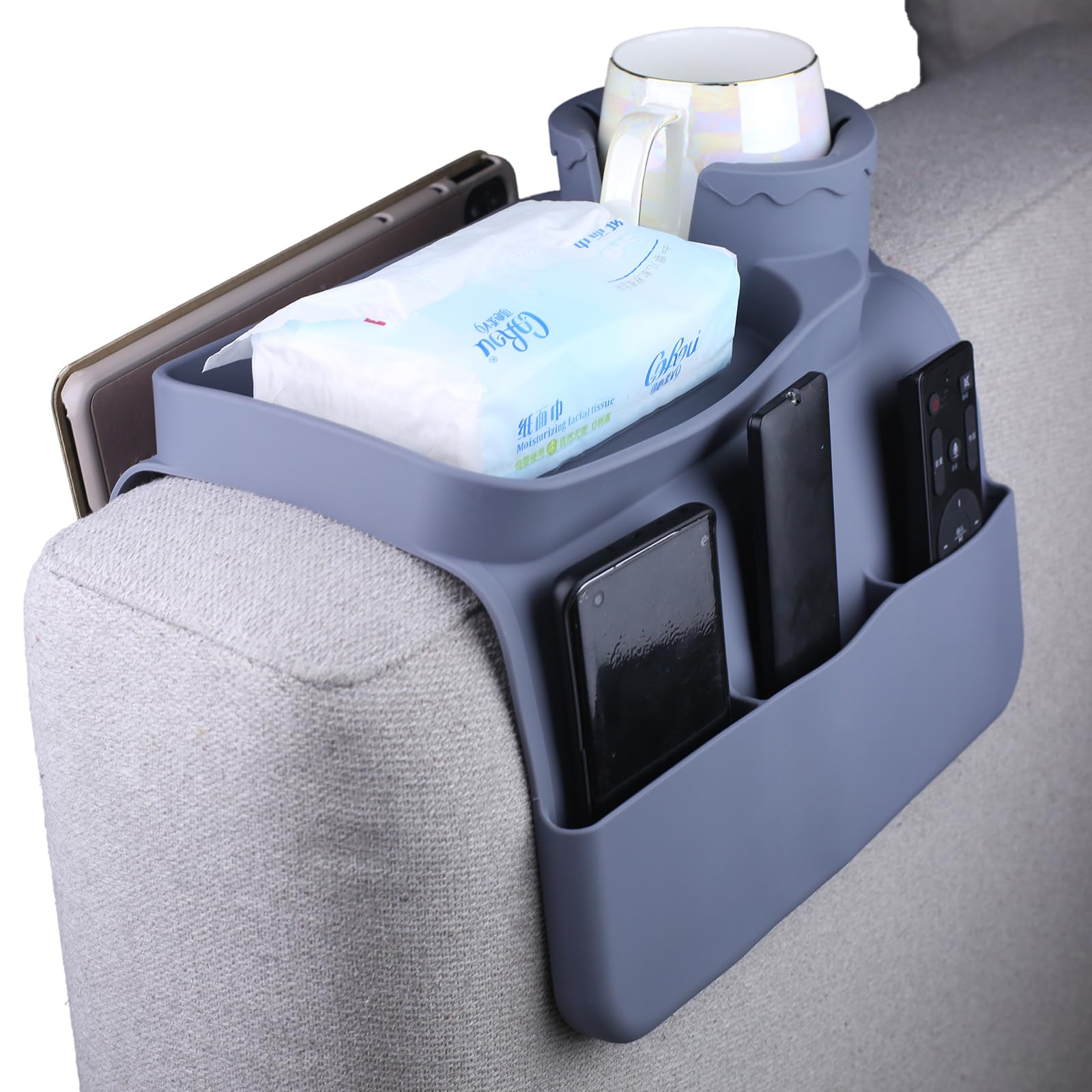 DLBTWDOYLS Silikon-Sofa-Getränkehalter-Tablett, Rutschfester und spritzwassergeschützter Armlehnen-Organizer mit Taschen an 2 Seiten, multifunktionales Sofa-Armlehnen-Aufbewahrungsregal (grau) von DLBTWDOYLS