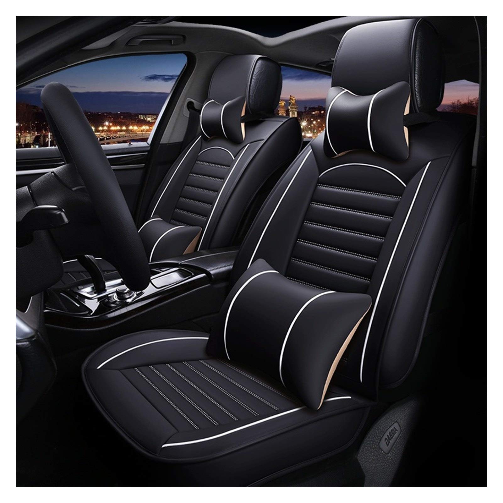 AutositzbezüGe,Auto SitzbezüGe Universal Leder Autositz-Abdeckung for Hyundai Getz Kia Rio 3 Toyota Corolla Lada Granta for Peugeot 307 Sw Ford Focus Zubehör(Black White Pillow) von DLZFUDTY