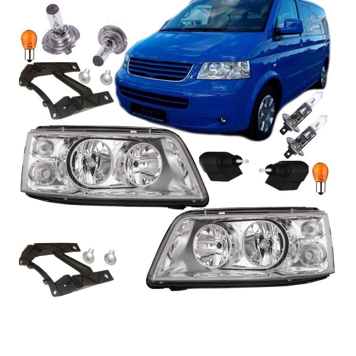 DM Autoteile 30377 Scheinwerfer SET H7/H1 Chrom + Birnen + Garantie kompatibel für VW T5 ab 2003-2009 DM Autoteile 30377 Scheinwerfer SET H7/H1 Chrom + Birnen + Garantie kompatibel für VW T5 ab 2003-2009 von DM Autoteile