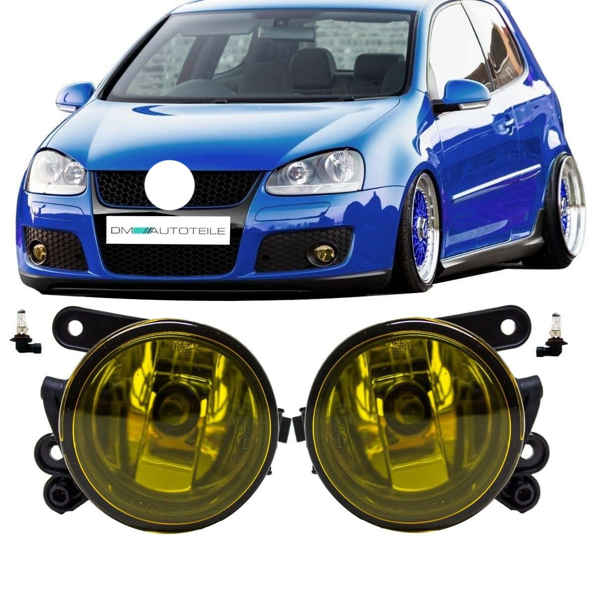 DM Autoteile Golf 5 V Nebelscheinwerfer SET Klarglas Gelb US GTI Look + Birnen + E-Zeichen von DM Autoteile