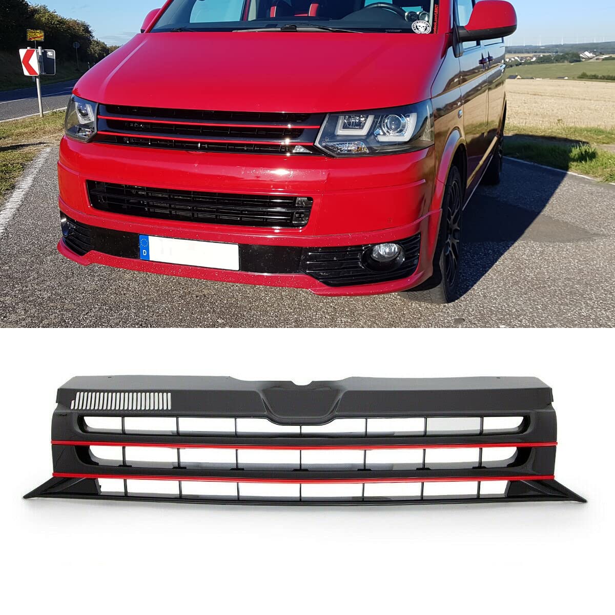 DM Autoteile Kühlergrill Grill Clean Schwarz lackiert Leiste Rot kompatibel für VW T5 GP Facelift 09-15 DM Autoteile Kühlergrill Grill Clean Schwarz lackiert Leiste Rot kompatibel für VW T5 GP Facelift 09-15 von DM Autoteile
