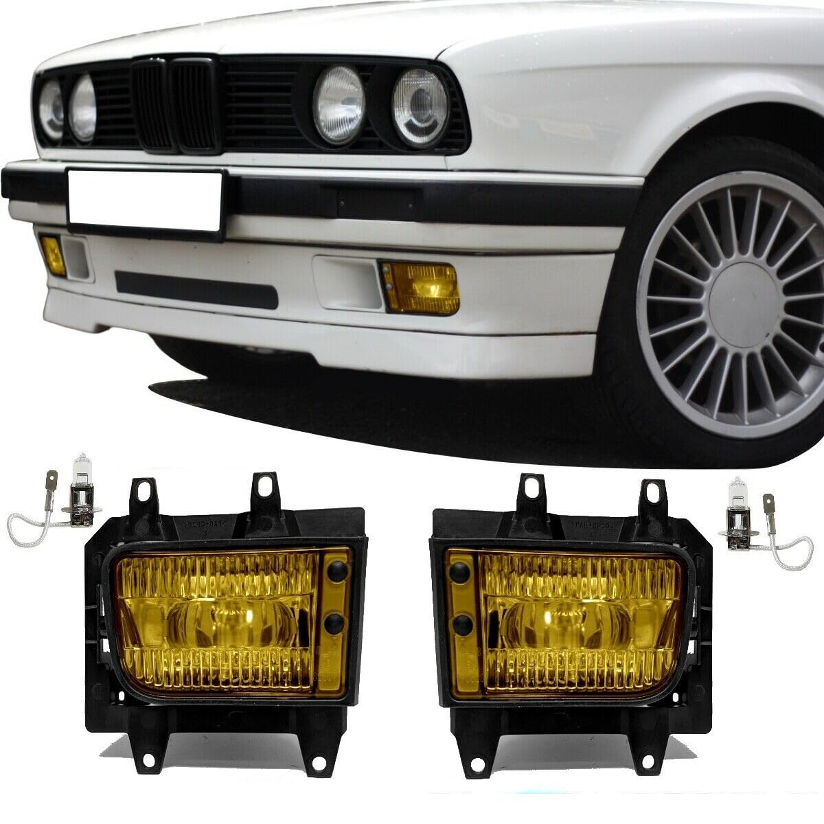 DM Autoteile Nebelscheinwerfer SET Gelb + H3 Birnen passend für E30 Facelift ab 1987 von DM Autoteile