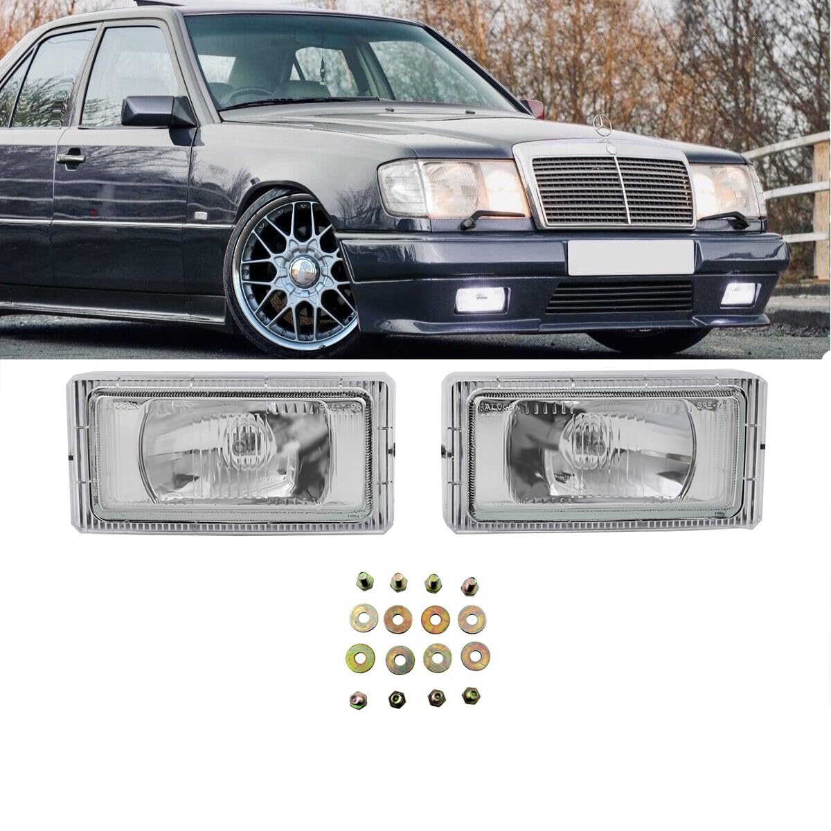 DM Autoteile Nebelscheinwerfer SET Klarglas Chrom H3 kompatibel für Mercedes E-Klasse W124 AMG 2300 von DM Autoteile