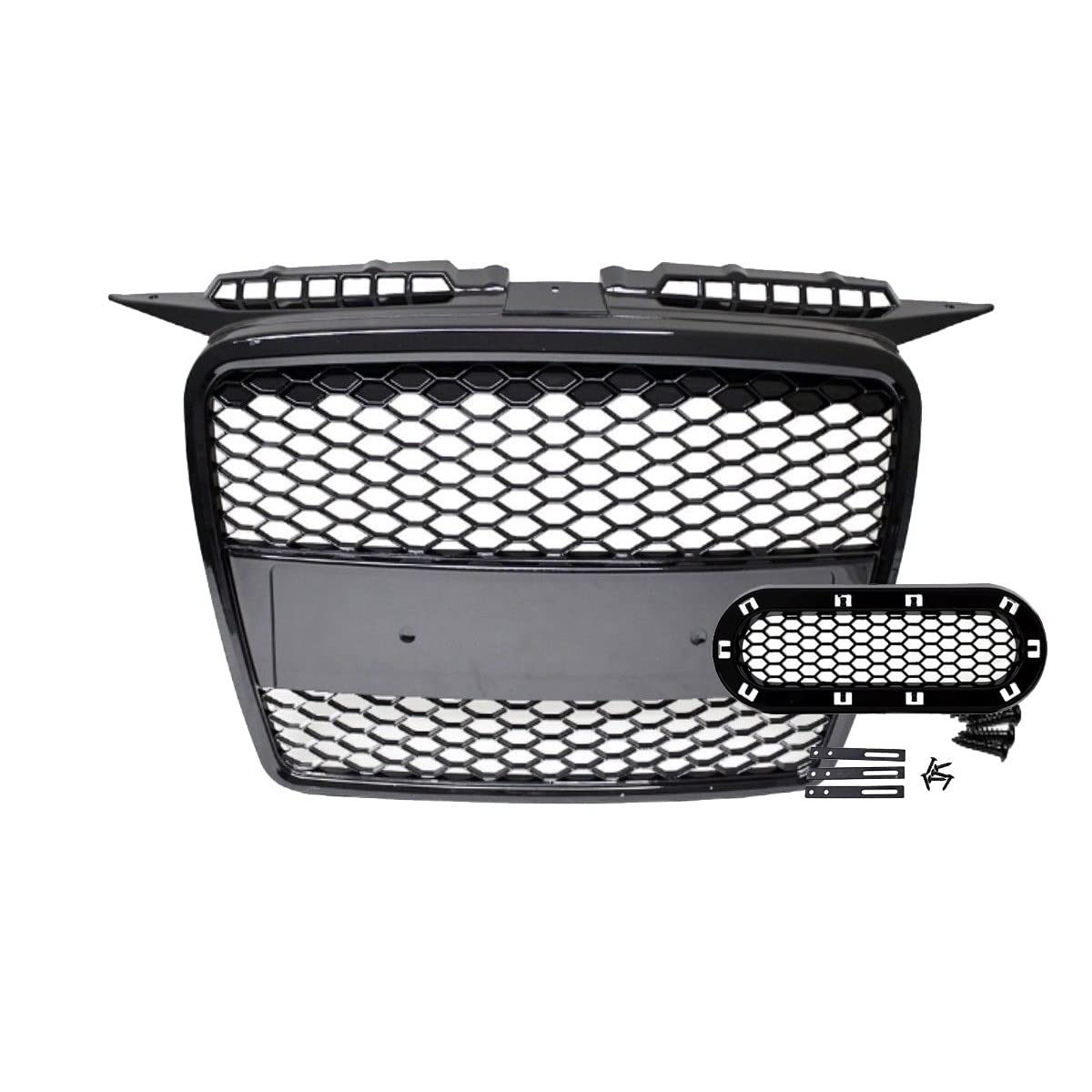 Kühlergrill Wabengrill Sport kompatibel für Audi A3 8P 05-08 Schwarz Hochglanz+ Kennzeichenplatte integriert kompatibel für RS3 DM Autoteile 4126-H von DM Autoteile