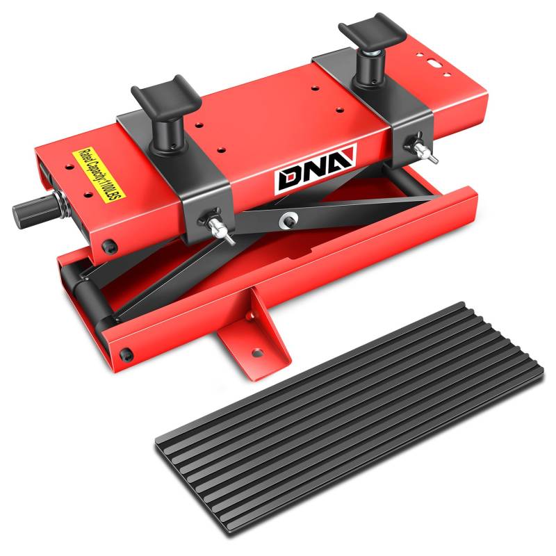 DNA MOTORING TOOLS-00290 Motorrad-/ATV-Scherenheber aus Stahl mit Sattel und Gummiauflage, 2-in-1, ca. 500 kg Tragkraft, Hubbereich 95–375 mm von DNA MOTORING
