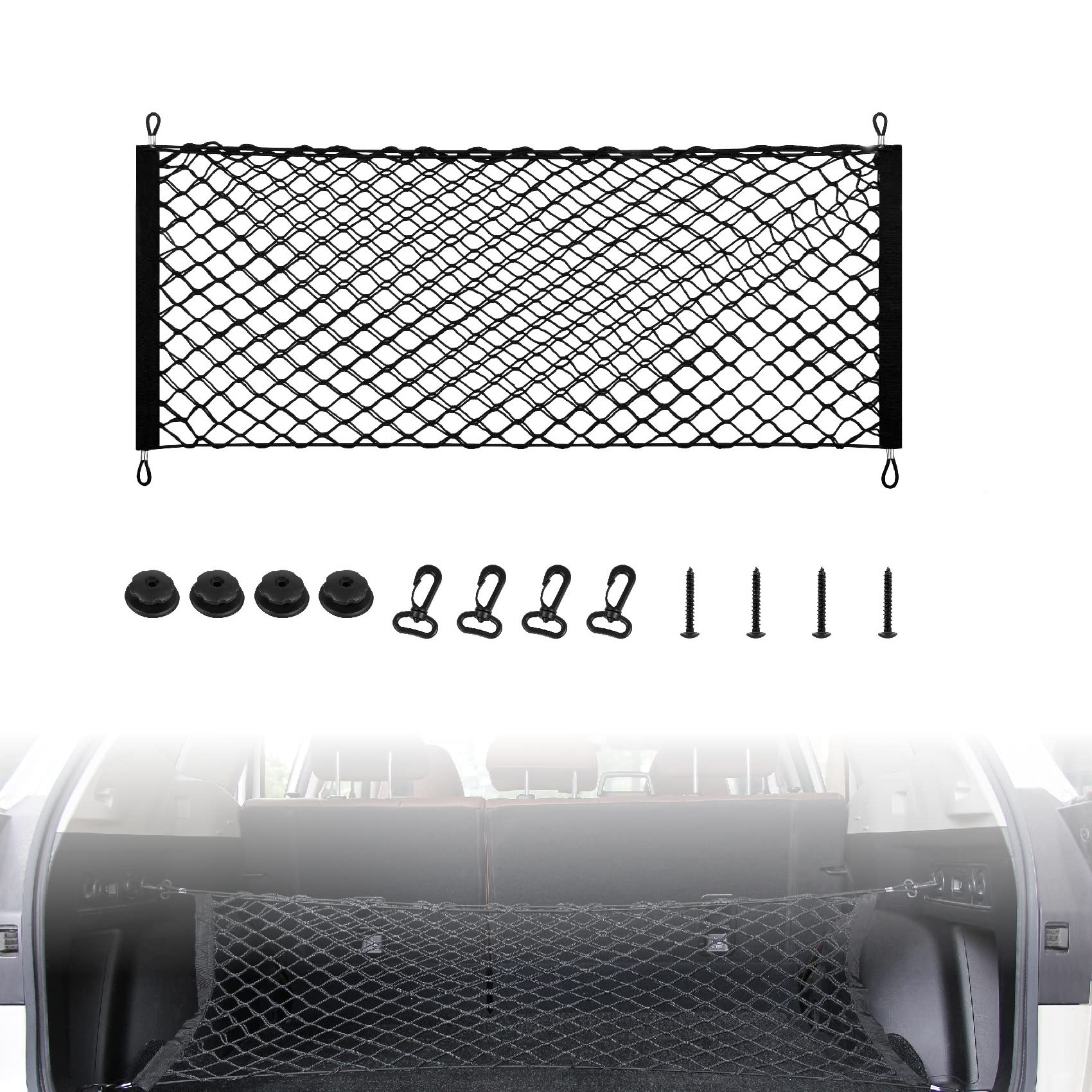 DOCAS 1Stück Car Boot Luggage Net, Universally Adjustable Luggage Net 90-122 cm, 1 Rear Luggage Nets +4 ABS Hooks + 4 Mounting(Stil4) von DOCAS