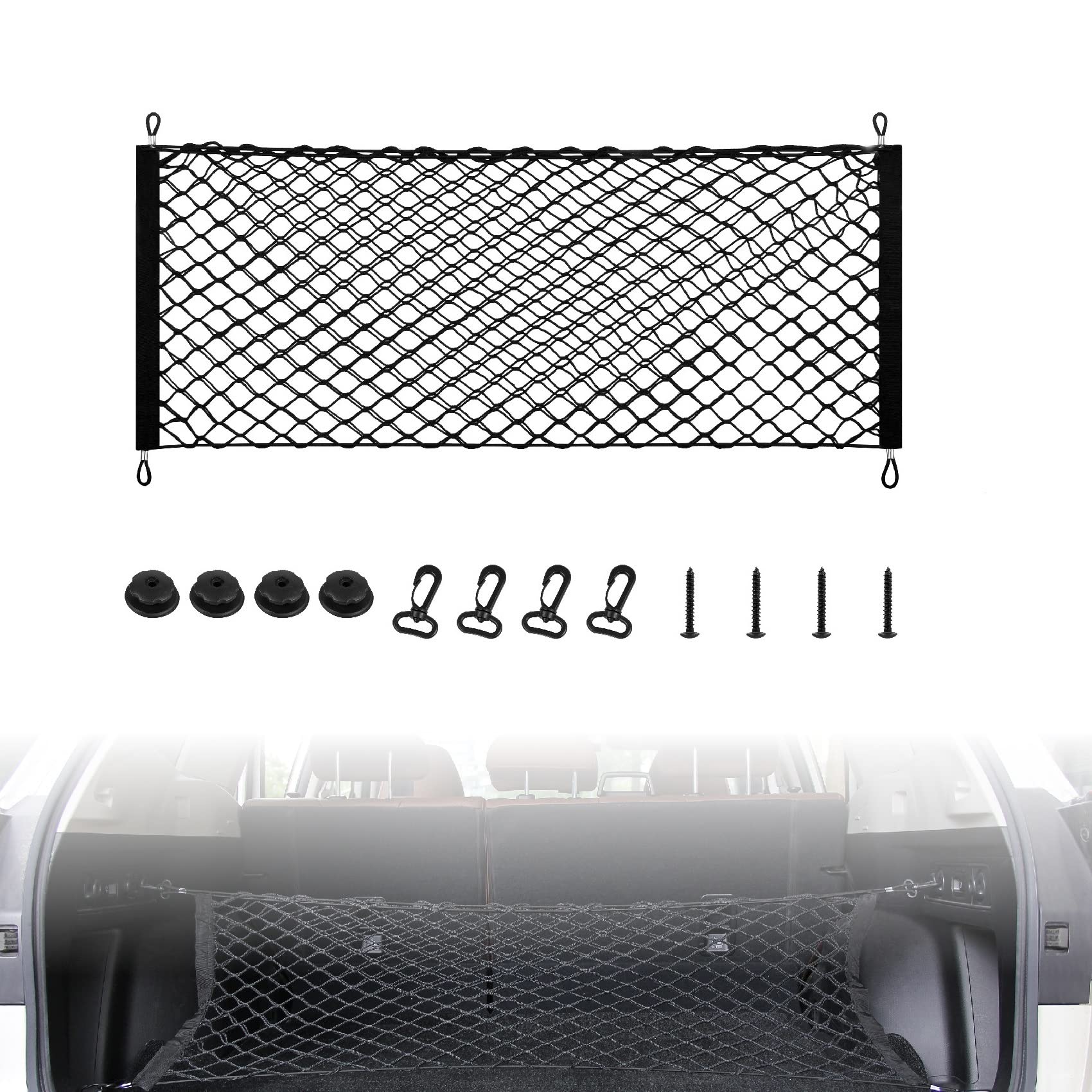 DOCAS 1Stück Car Boot Luggage Net, Universally Adjustable Luggage Net 90-122 cm, 1 Rear Luggage Nets +4 ABS Hooks + 4 Mounting(Stil4) DOCAS 1Stück Car Boot Luggage Net, Universally Adjustable Luggage Net 90-122 cm, 1 Rear Luggage Nets +4 ABS Hooks + 4 Mounting(Stil4) von DOCAS