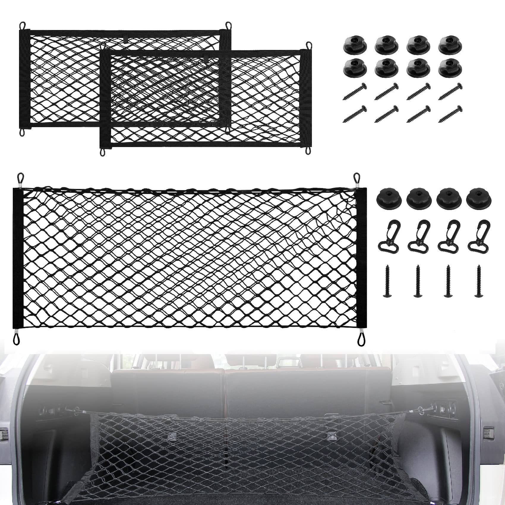 DOCAS Auto Kofferraum Gepäcknetz, einstellbar Gepäcknetz 90-122cm,1 Gepäcknetze hinten+ 2 Organizer Netztasche +4 ABS Haken+4 Befestigungsadapter und Schrauben für SUVs, Cars and Trucks (Stil2) von DOCAS