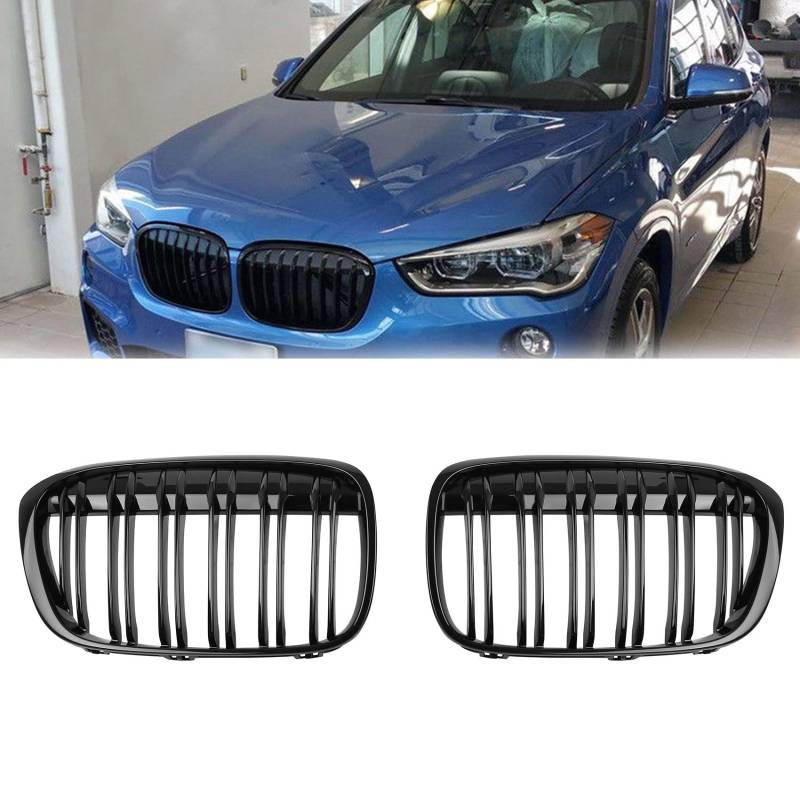 DOCAS Kühlergrill für BMW X1 F48 F49 2016 2017 2018 2019 Nieren Doppelsteg Sport Glanz Schwarz von DOCAS