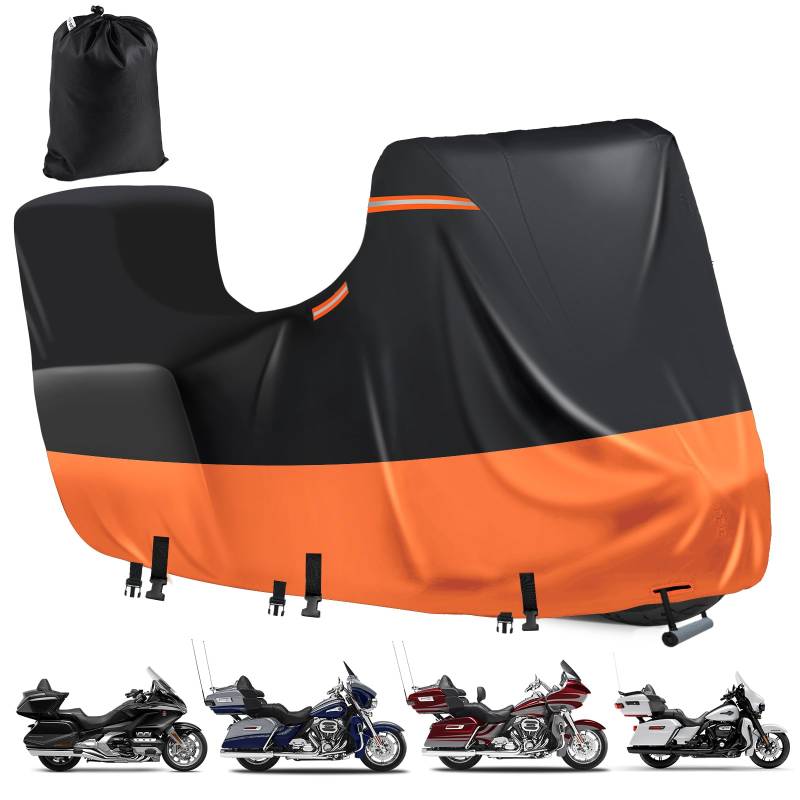 Abdeckplane Motorrad mit Side+Top Box,600D Motorrad Plane Wasserdicht,5 Reflektierende Streifen für Harley Davidson Touring Modelle,Motorradabdeckung Outdoor,UV-Schutz (300x111x142cm,Schwarz-Orange) von DOCEPERT