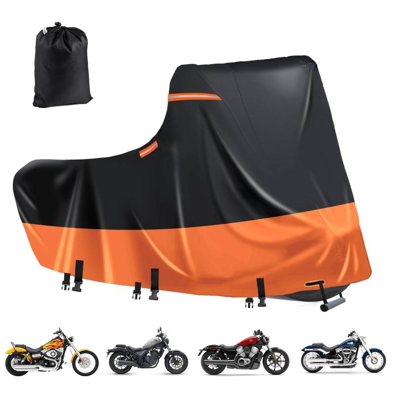 Motorradabdeckung Wasserdicht Outdoor,600D Abdeckplane für Motorroller,Roller Garage mit 5 Reflektierende Streifen,2 öFfnung zur BelüFtung,Roller Abdeckung,Staubdicht(XL 218x99x129cm Schwarz-Orange) von DOCEPERT