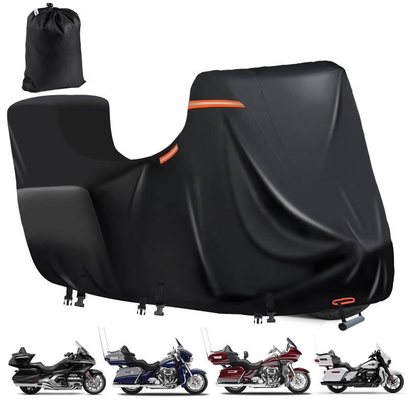 Motorradplane Wasserdicht mit Side+Top Box,600D Motoradabdeckhaube,5 Reflektierende Streifen,2 öFfnung zur BelüFtung,Motorrad Abdeckplane Outdoor für Harley Davidson Touring Modelle (300x111x142cm) von DOCEPERT