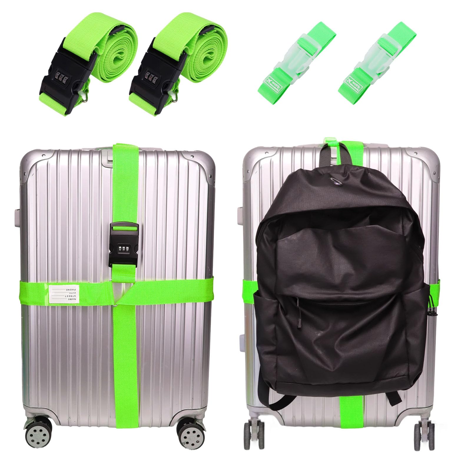 Kofferband Gurt Auffällig Set, Koffergurte 2 Stück und 2 Gepäckverbindungsgurte, Koffergurt mit Zahlenschloss, Einstellbar und Rutschfest, Ideales Koffergurt Zubehör für Reisen (fluoreszierendes Grün) Kofferband Gurt Auffällig Set, Koffergurte 2 Stück und 2 Gepäckverbindungsgurte, Koffergurt mit Zahlenschloss, Einstellbar und Rutschfest, Ideales Koffergurt Zubehör für Reisen (fluoreszierendes Grün) von DOINEUFL