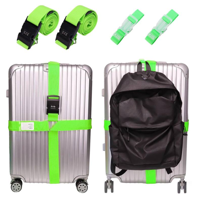 Kofferband Gurt Auffällig Set, Koffergurte 2 Stück und 2 Gepäckverbindungsgurte, Koffergurt mit Zahlenschloss, Einstellbar und Rutschfest, Ideales Koffergurt Zubehör für Reisen (fluoreszierendes Grün) von DOINEUFL