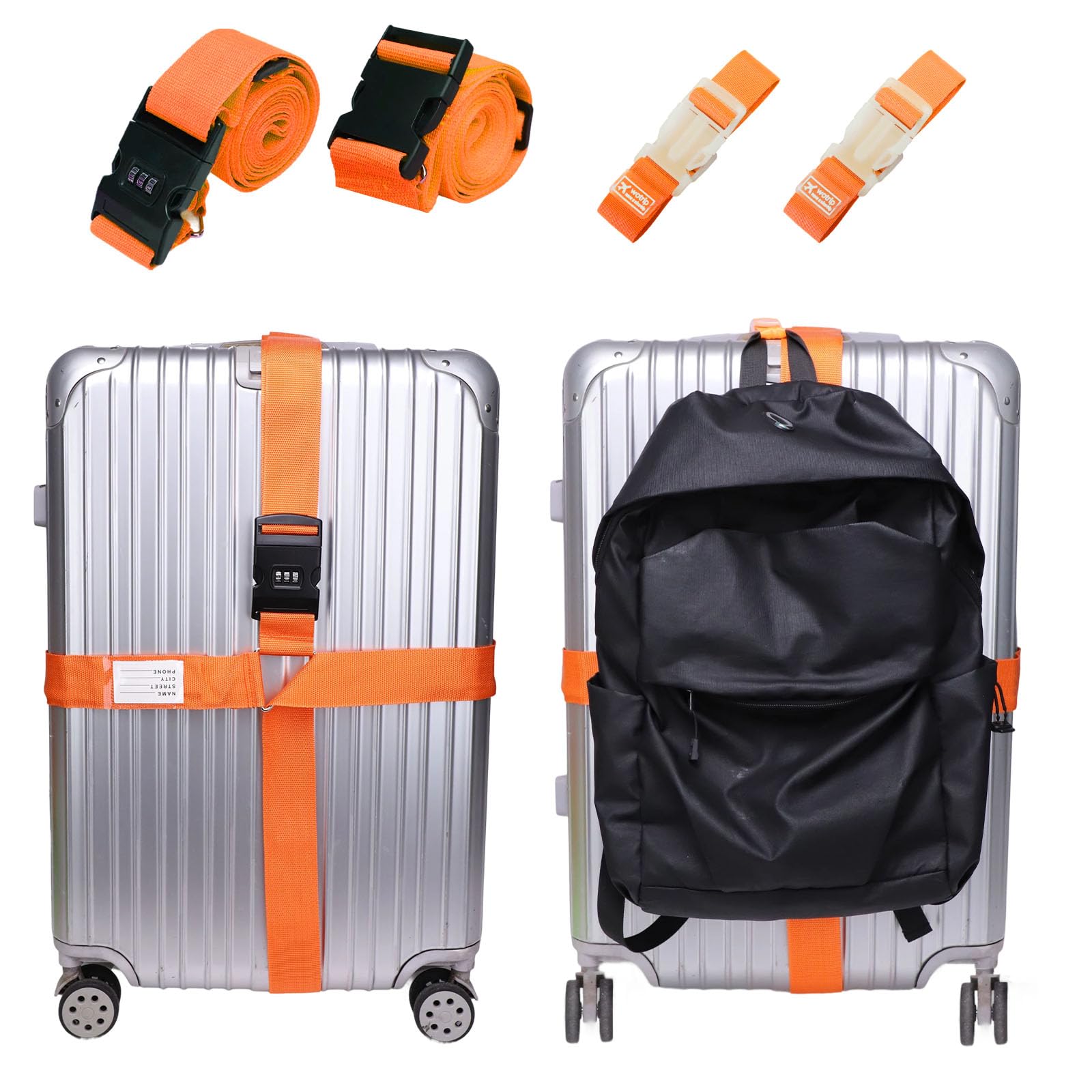 Kofferband Gurt Auffällig Set, Koffergurte 2 Stück und 2 Gepäckverbindungsgurte, Koffergurt mit Zahlenschloss, Einstellbar und rutschfest, Ideales Koffergurt Zubehör für Reisen (Leuchtend orange) Kofferband Gurt Auffällig Set, Koffergurte 2 Stück und 2 Gepäckverbindungsgurte, Koffergurt mit Zahlenschloss, Einstellbar und rutschfest, Ideales Koffergurt Zubehör für Reisen (Leuchtend orange) von DOINEUFL