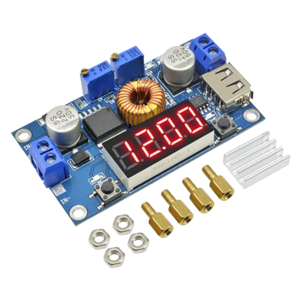 DC-DC USB DC Einstellbares Step Down Power Module, XL4015 3A 5A 24V bis 12V 5V Spannungsreglerplatine mit roter Digitalanzeige/USB-Anschluss/Kühlkörper von DONGKER