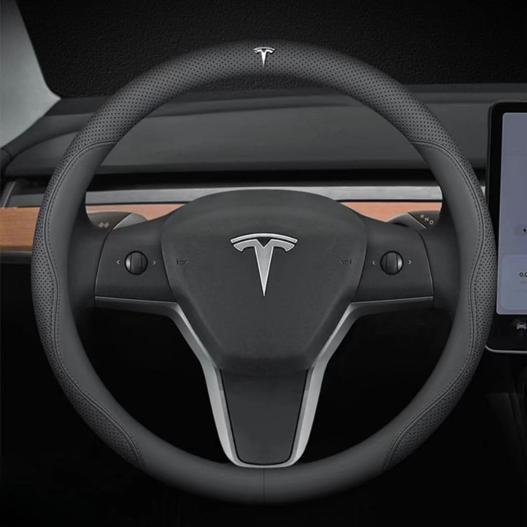 Auto lenkradbezug für Tesla Model Y 2019-2023,Mikrofaser-Leder Steering Wheel Cover Lenkradhülle Lenkradschutz Lenkradschoner rutschfest Atmungsaktiv Langlebig Emblem Autozubehör Innenraum von DONHEK