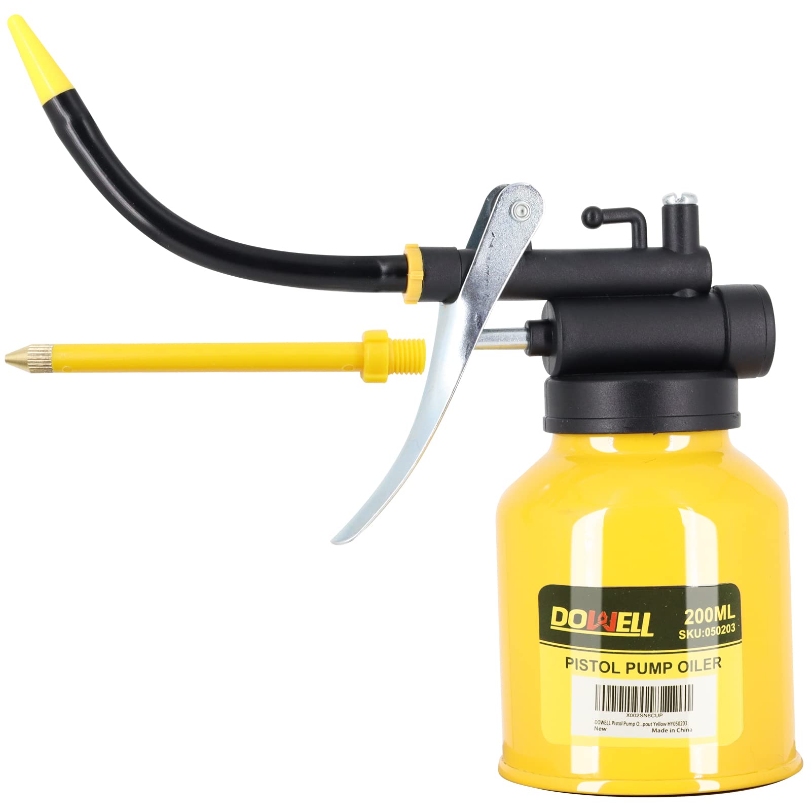 DOWELL Pistolenpumpe Öler Ölpumpen Metallöldose Schmierölpistole mit geradem flexiblem Auslauf (200ml, Gelb) von DOWELL