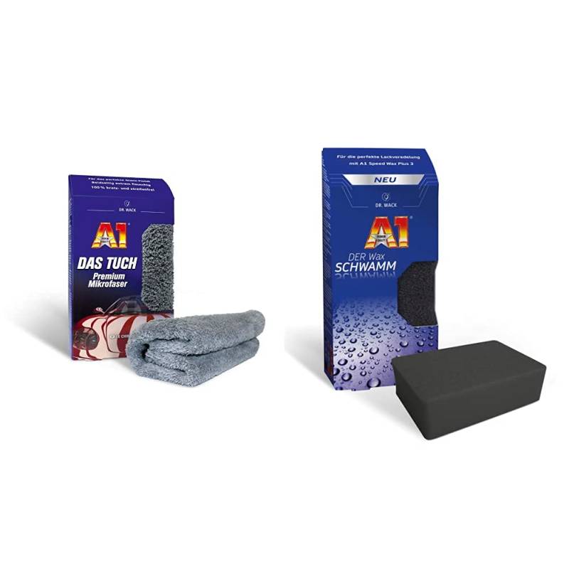 Dr. Wack – A1 DAS Tuch 40 x 40 cm I Premium Mikrofasertuch für das perfekte Glanz-Finish & A1 DER Wax Schwamm I Premium Schwamm zum Auto-Wachsen I Perfekt zum Auftragen des A1 Speed Wax Plus 3 von DR. WACK